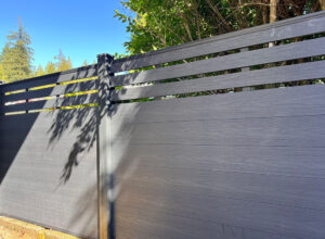 Dark grey Mecofence WPC semi-privacy fence featuring a matching composite post, offering durable, low-maintenance boundary solutions for overseas constructors and bulk orders.