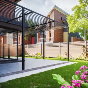 Light brown Mecofence WPC semi-privacy fence for modern residential backyards, offering durable, low-maintenance bulk solutions for global constructors.