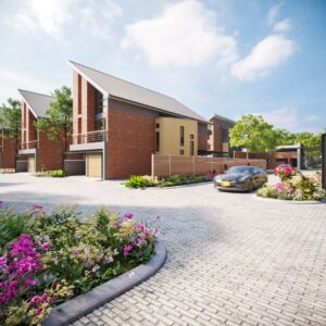 Wide view of a modern residential complex featuring light brown Mecofence WPC composite boundary fencing. Engineered for fast installation and long-lasting weather resistance, this horizontal design is ideal for constructors and wholesalers supplying large housing developments globally.
