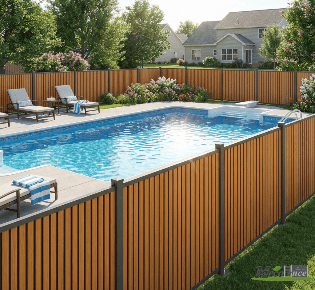 Mecofence vertical fluted dual tone composite fence in a warm brown shade encloses a bright blue swimming pool with a light grey deck, lounge chairs, and a diving board, set against a backdrop of a green lawn, trees, and a two-story house under a clear sky.