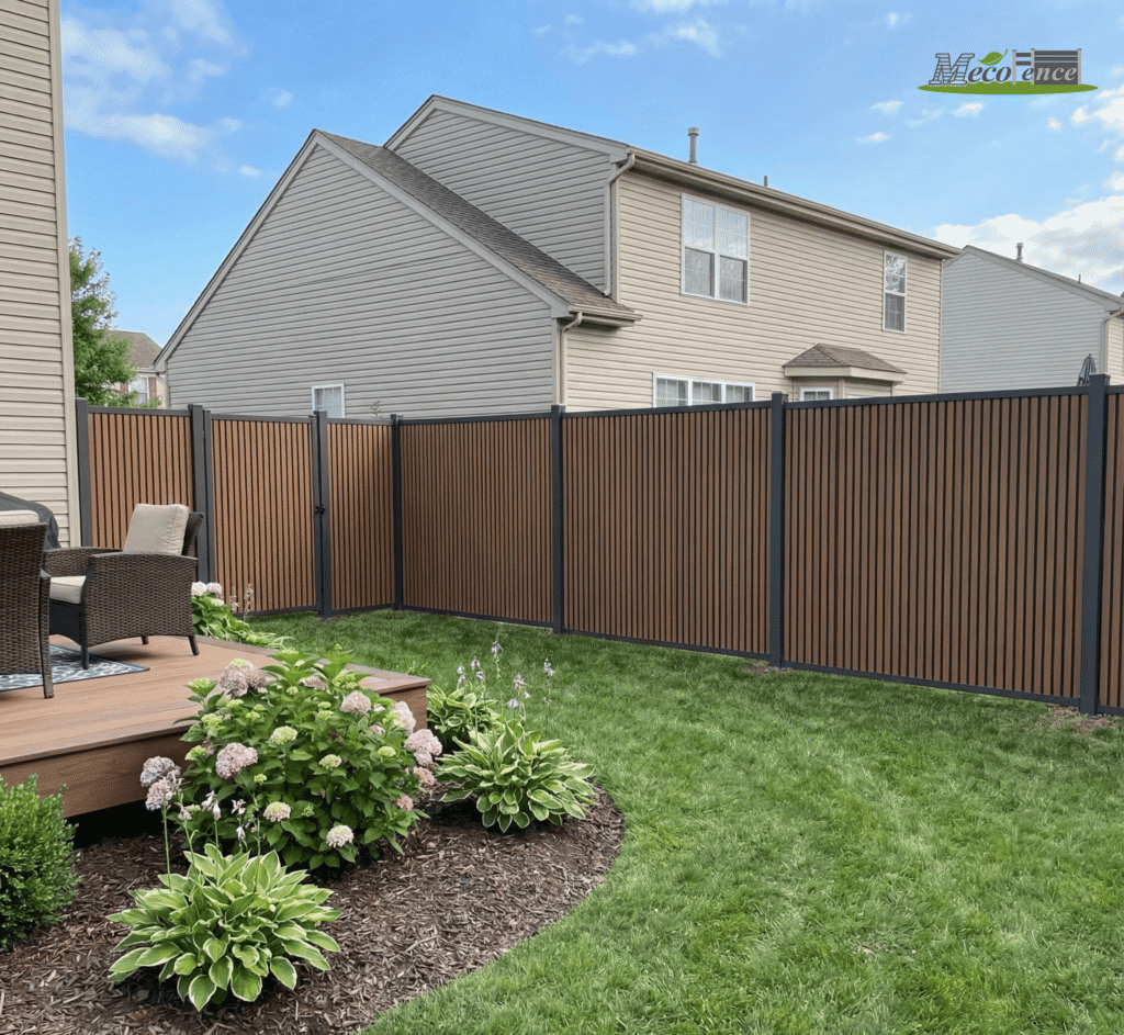 Vertical Slat Dual Tone Composite Fence installed in a typical USA backyard with green lawn and deck – Durable Wood Finish WPC Privacy Fencing for Modern Outdoor Garden Design.