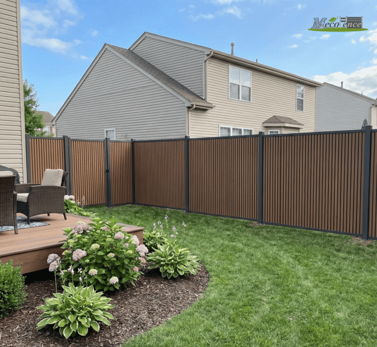 Vertical Slat Dual Tone Composite Fence installed in a typical USA backyard with green lawn and deck – Durable Wood Finish WPC Privacy Fencing for Modern Outdoor Garden Design.