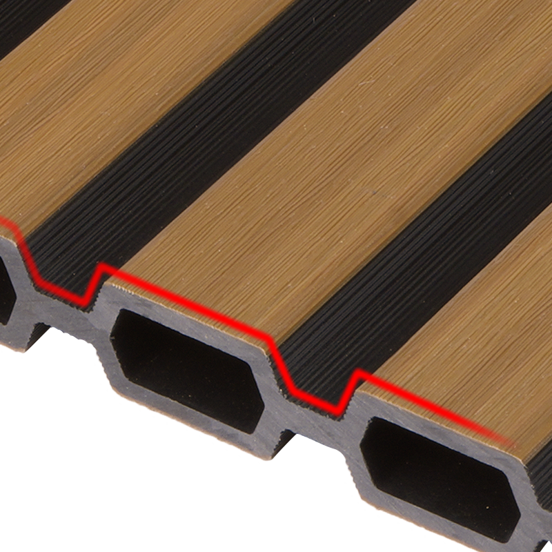 Close-up of Mecofence composite board with  the durable co-extrusion outer layer, which provides waterproof, sunproof, and long-lasting protection.