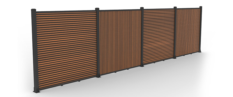 dual-tone slat composite fence featuring horizontal and vertical wood-grain panels with black aluminum posts