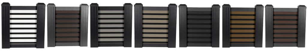 Mecofence fluted composite fence color collection featuring seven sample models in white, grey, brown, teak, and charcoal shades with black aluminum posts.