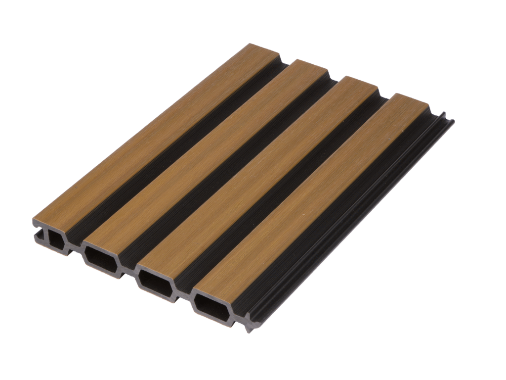 Mecofence dual-tone fluted WPC composite fence board sample featuring modern 3D wood grain slats, co-extrusion technology, and an interlocking hollow core profile.