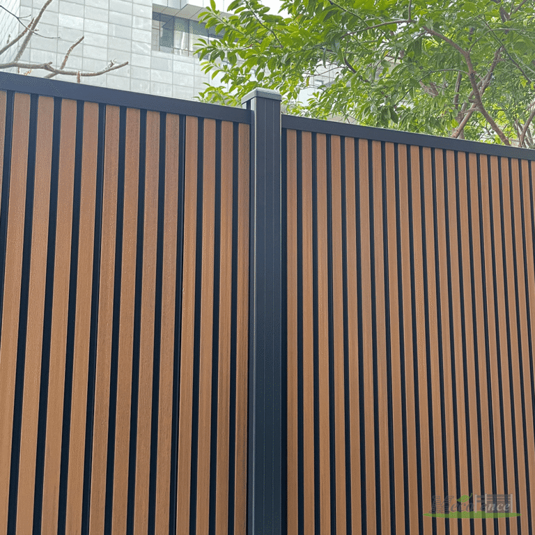 Mecofence Vertical Slat Dual Tone Composite Fence Panel with Black Aluminum Post