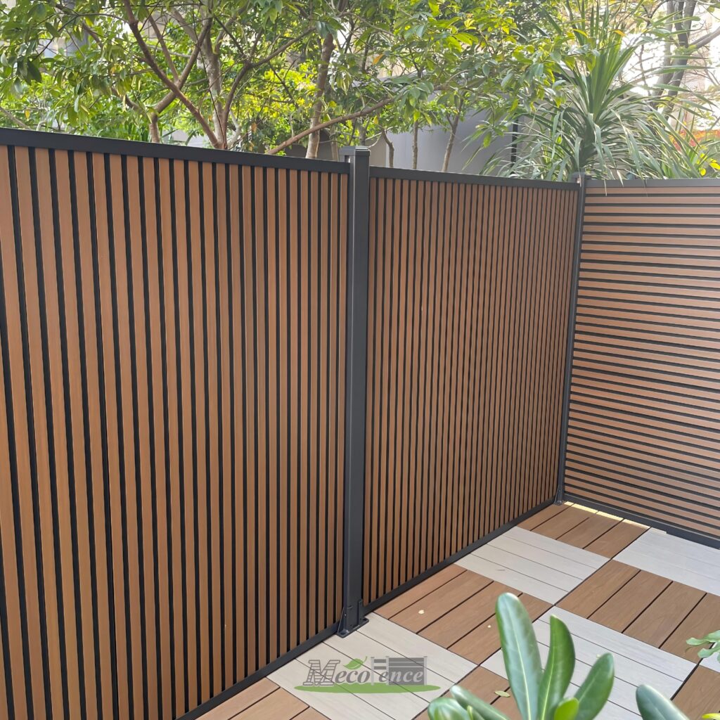 Black Aluminum Post with Vertical Slat Composite Fence Panel – Modern fluted Privacy WPC Fencing for Outdoor Garden, Backyard, and Patio Decor