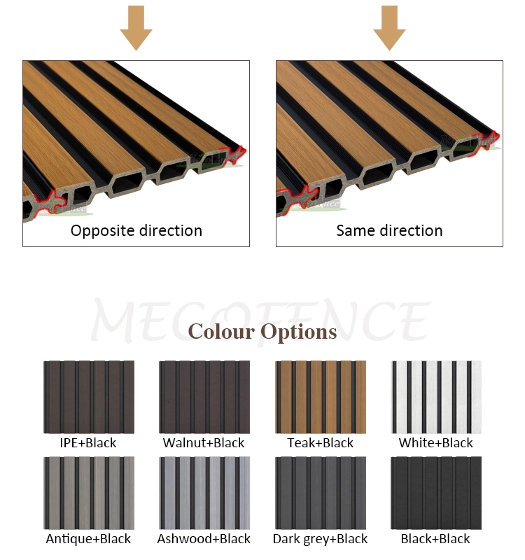 eight color finishes for fluted composite fence panels. The palette includes IPE, Walnut, Teak, White, Antique, Ashwood, and Dark Grey—all featuring contrasting black grooves—as well as a solid Black-on-Black option.