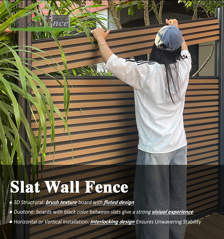 Teak privacy fence panel constructed with horizontal composite fencing boards for backyard and patio screening.