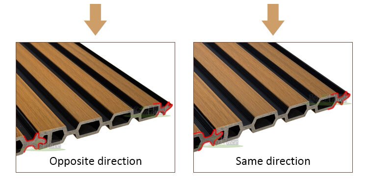 MecoFence composite slat panels showing installation in opposite direction and same direction