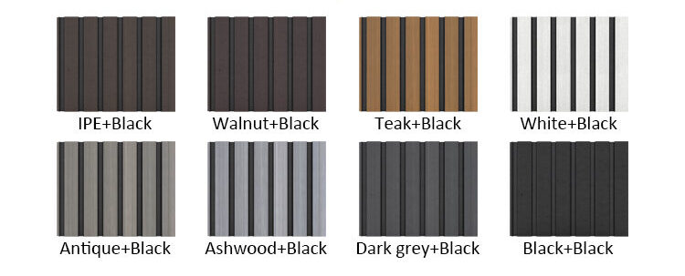 eight color finishes for fluted composite fence panels. The palette includes IPE, Walnut, Teak, White, Antique, Ashwood, and Dark Grey—all featuring contrasting black grooves—as well as a solid Black-on-Black option.