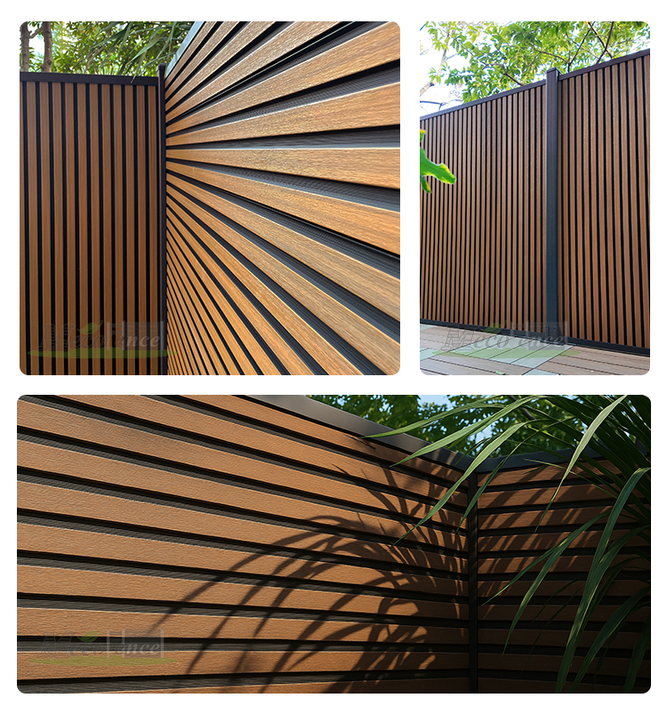 MecoFence slat composite fence installed around patio with clean modern lines