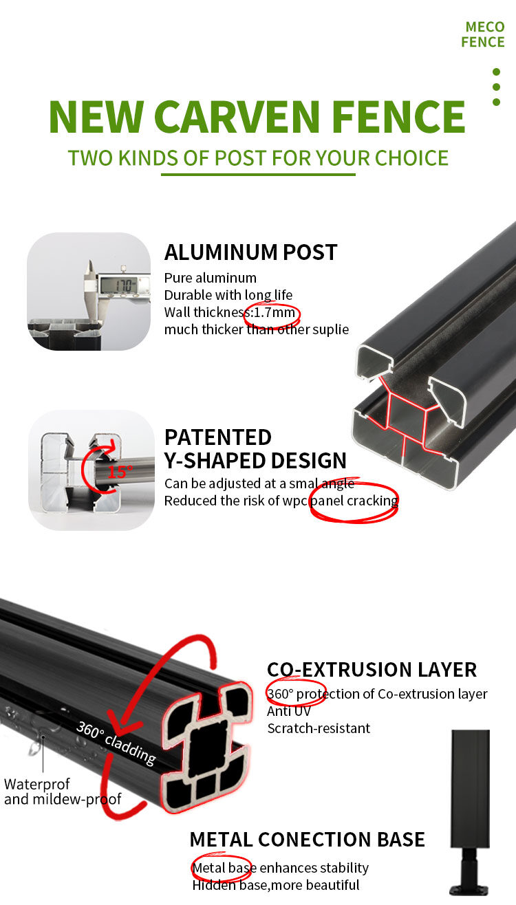 MecoFence Carven aluminum fence post options: 1.7mm thick pure aluminum w/ patent Y-shape design + 360° co-extrusion layer for UV/scrape/water protection