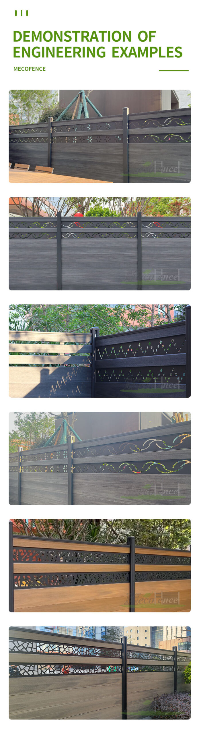 Mecofence Dark Finish Fence Showcase: 6 engineering case studies with laser-cut patterned panels in gardens and commercial settings