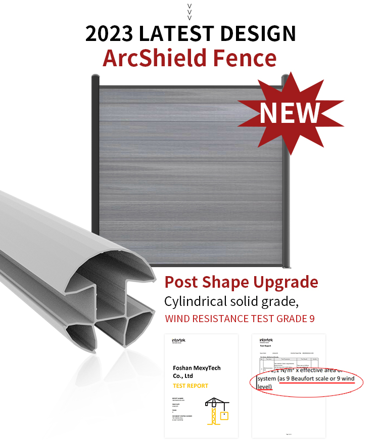 2023 ​​ArcShield composite fence​​ with ​​cylindrical wind-resistant posts​​ - Certified Grade 9 wind resistance (9 Beaufort scale)