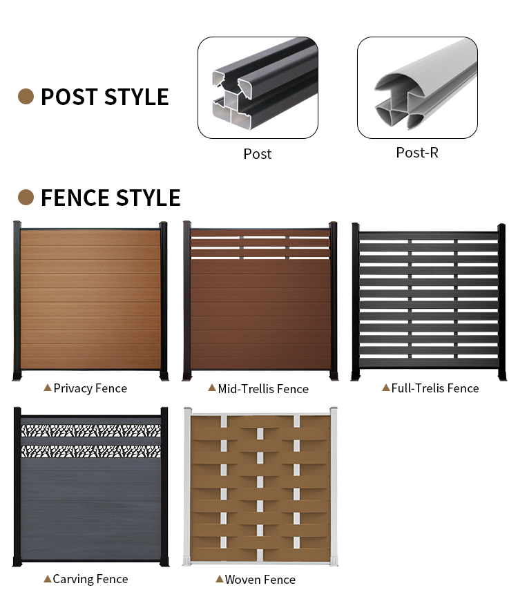 Composite fence style gallery​​: Privacy, Trellis, Carving & Woven fences with Post/Post-R column options