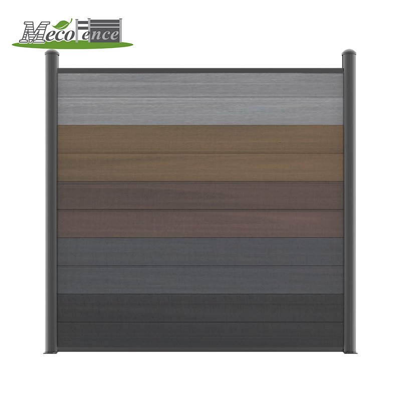 Multi-tone ArcShield Composite Fence: gradient gray-brown-red panels on cylindrical steel posts