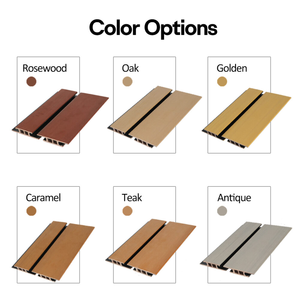 ASA co-extrusion PVC fence board color options in Rosewood, Oak, Golden, Caramel, Teak and Antique finishes