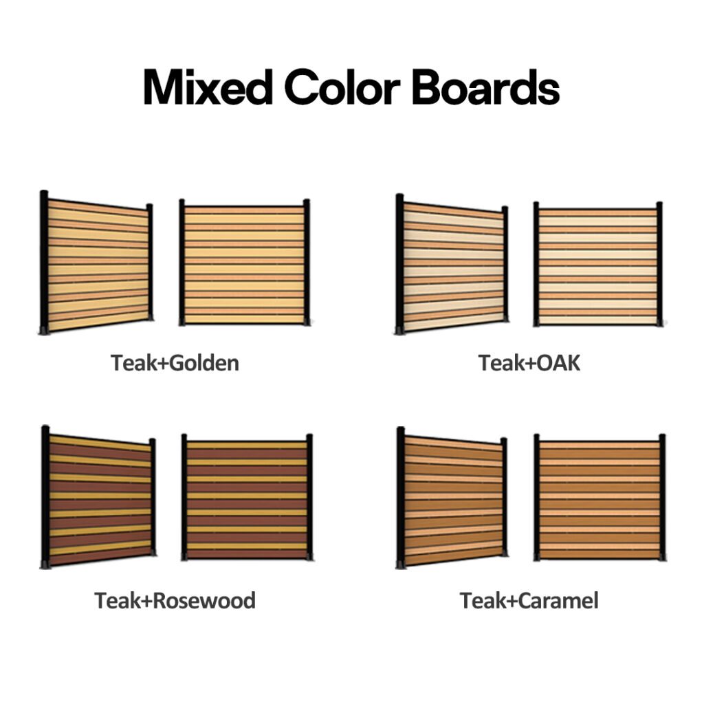 ASA co-extrusion PVC fence mixed-color board combinations showing Teak with Golden, Oak, Rosewood and Caramel finishes
