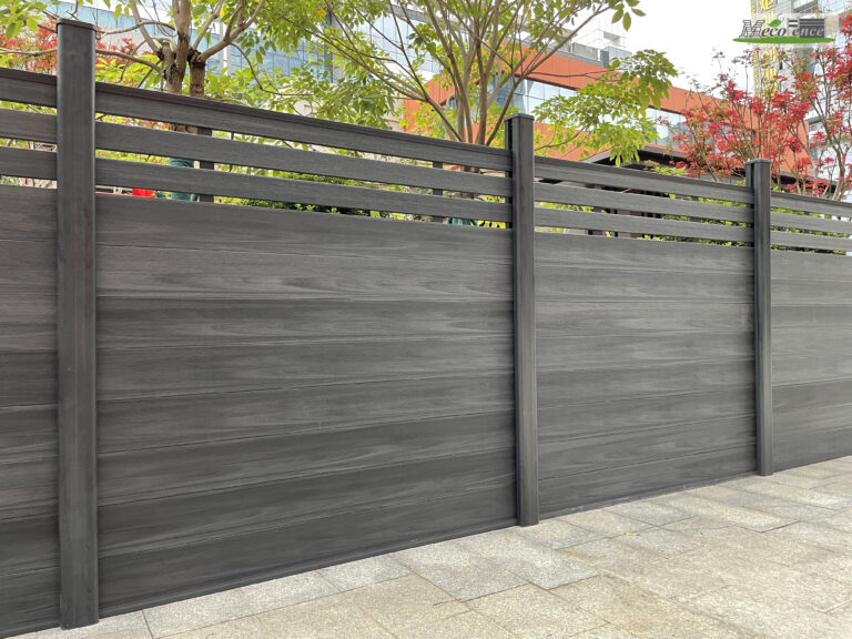 MecoFence Super Kit composite fence with color-matched WPC posts and panels in antique finish, showing seamless all-wood appearance without visible aluminum
