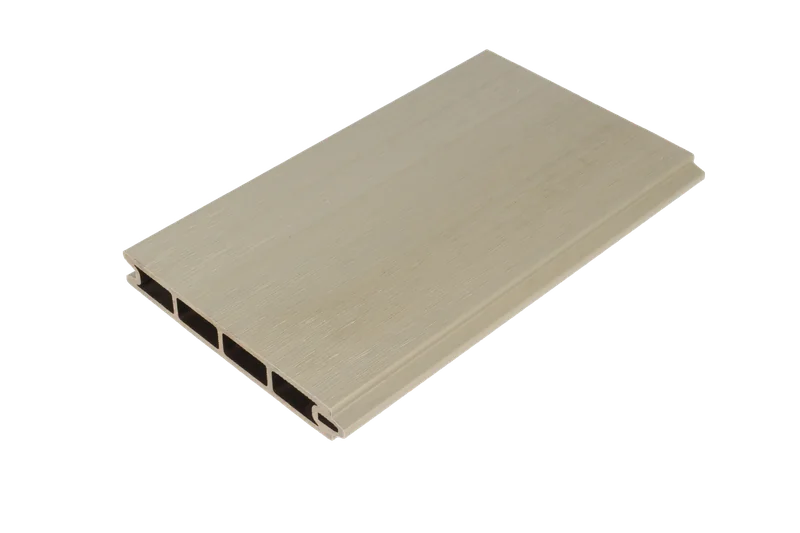 Antique composite fence board showing woodgrain texture and hollow profile