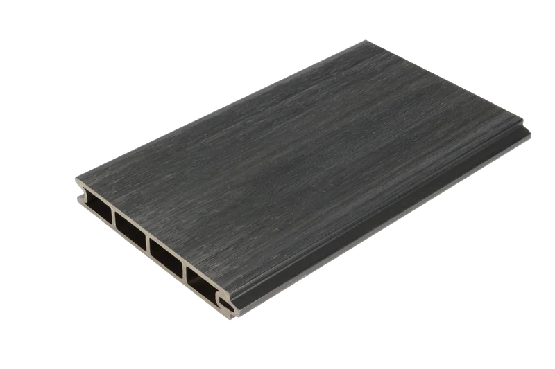 Dark Grey composite fence board showing woodgrain texture and hollow profile