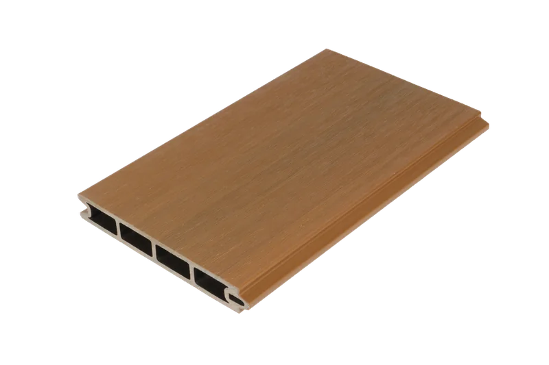 Teak composite fence board showing woodgrain texture and hollow profile