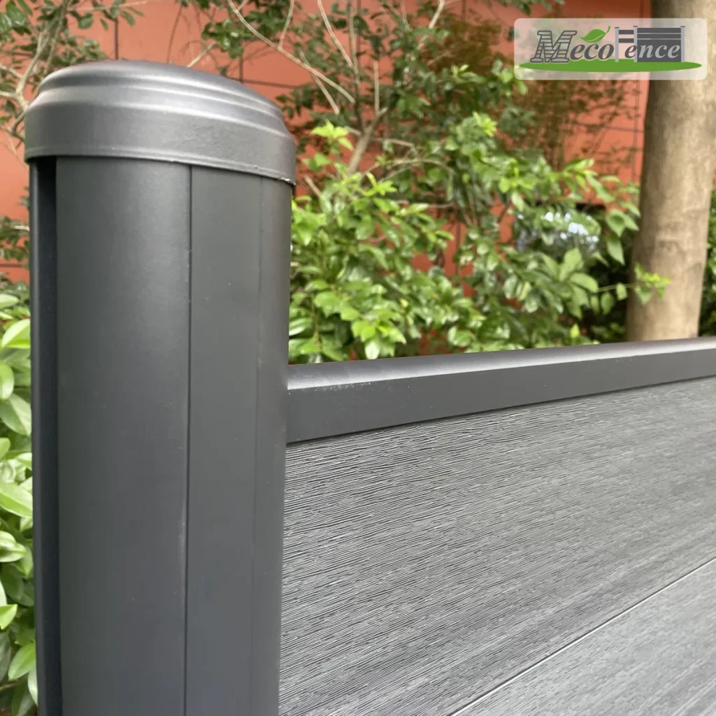 ArcShield composite fence close view of boards and cylindrical posts
