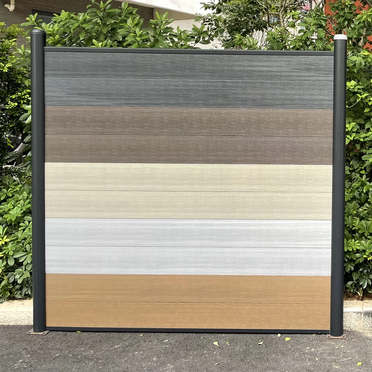 ArcShield sample fence with round posts and horizontal boards in several finishes