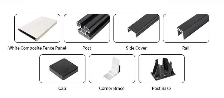 White composite fence system components including board, posts, rails, caps and fittings