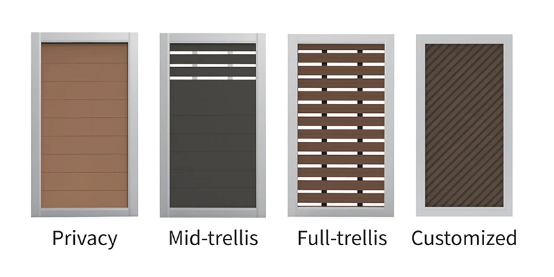Four MecoFence composite gate panel designs: Privacy, Mid-trellis, Full-trellis and Customized