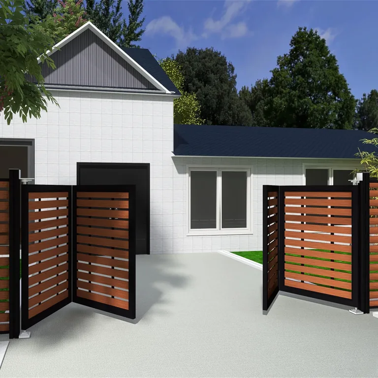 A MecoFence electrical folded swing gate with brown panel infill