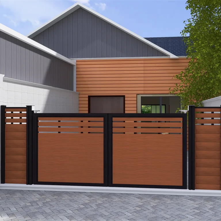 A MecoFence electrical swing gate with coordinated fence infill