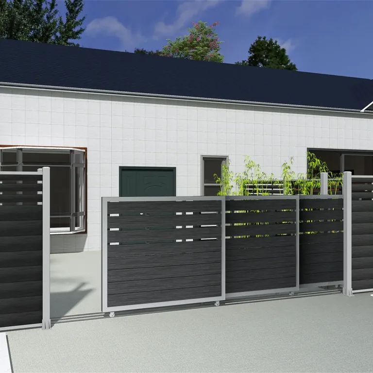 A MecoFence telescopic sliding gate with coordinated panel sections
