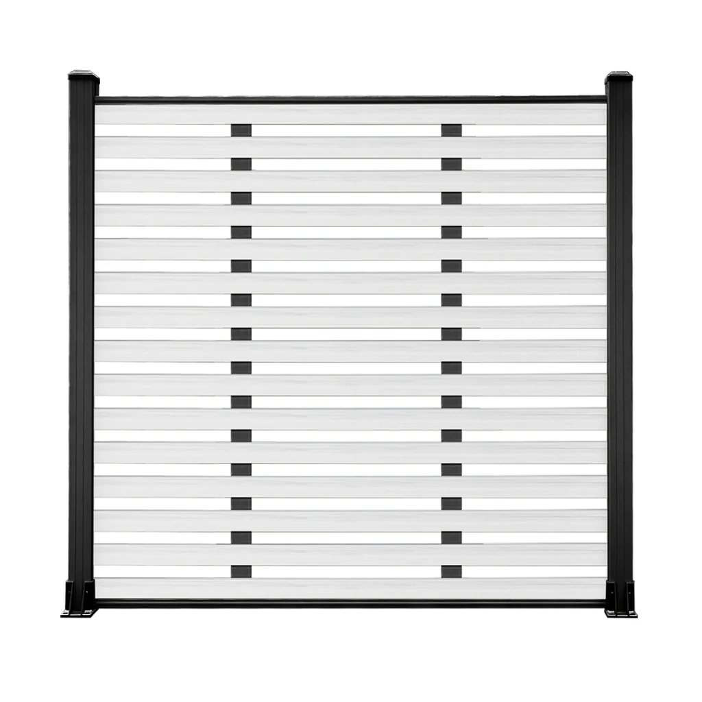 White full-trellis composite fence panel with black aluminium posts