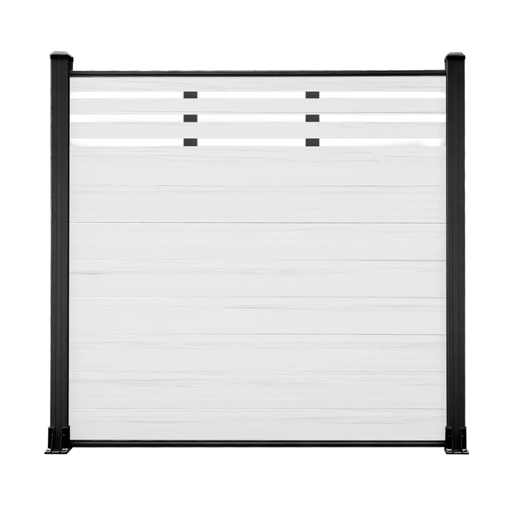 White mid-trellis composite fence panel with black aluminium posts