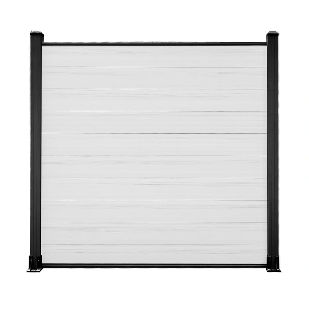 White composite privacy fence panel with black aluminium posts