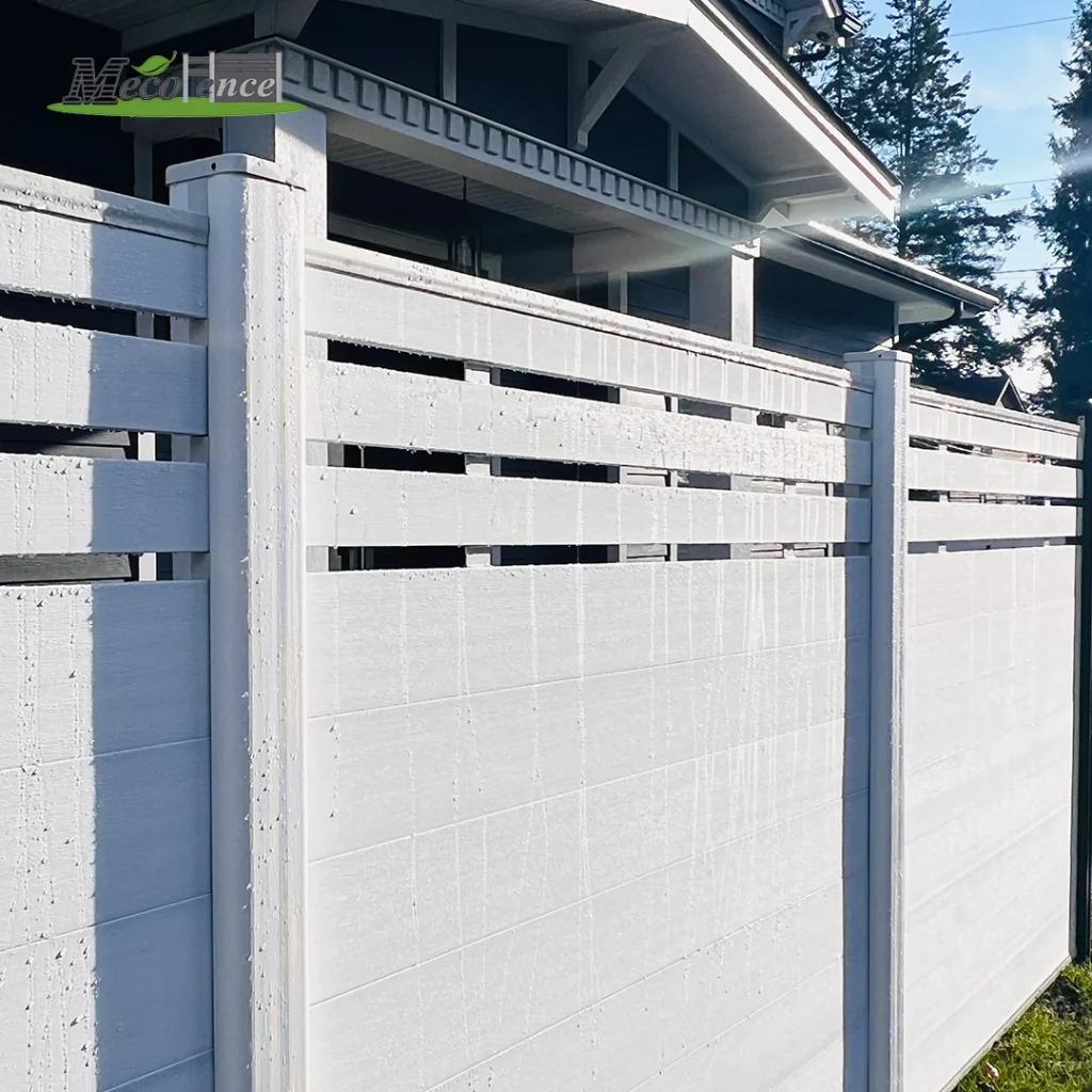 White WPC fence posts with white horizontal composite boards