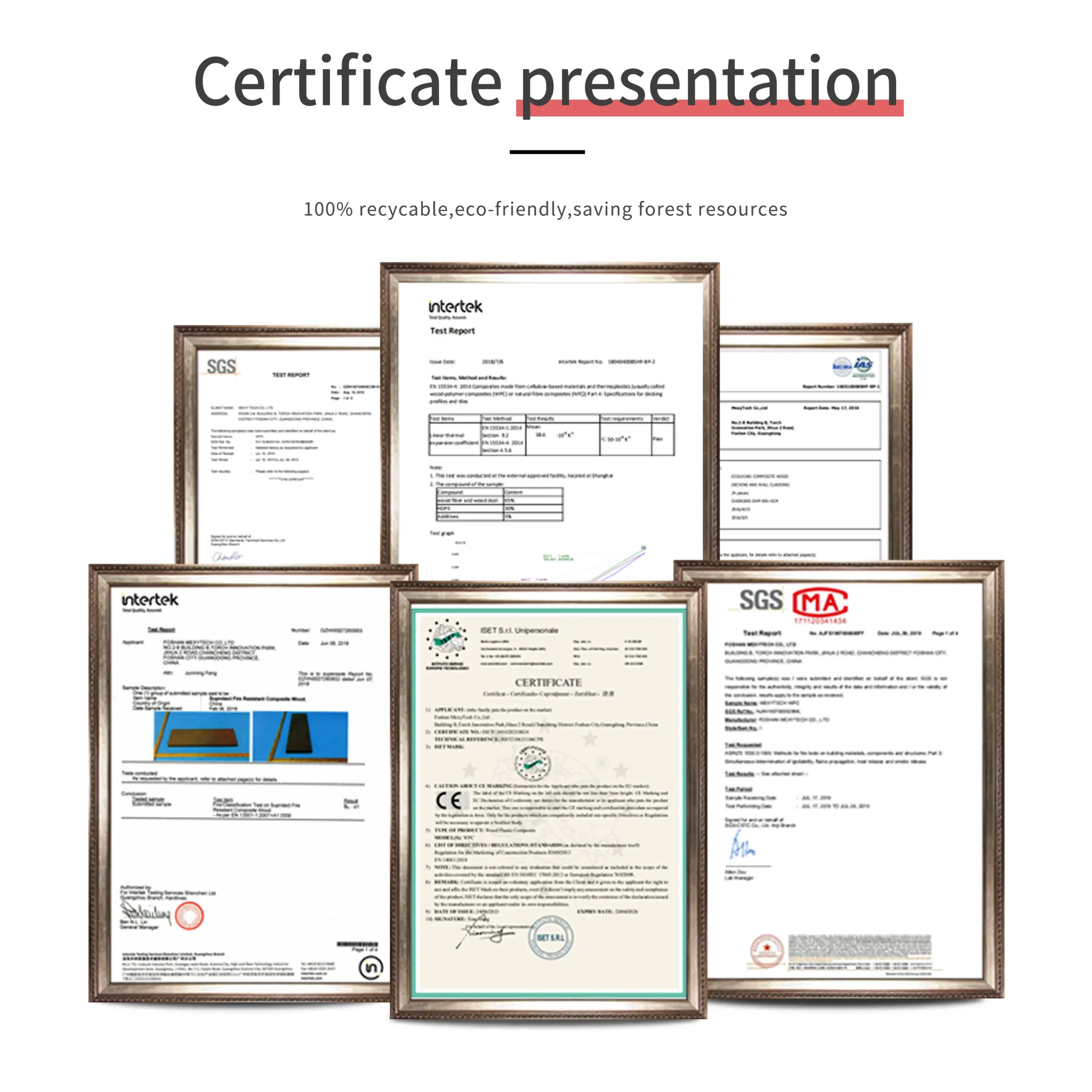 SGS test report, letter of patent, CEcertificate, weathering test report, bending test report, ASTME 84fire-proof test report, EN 13501 fire-proof test report 