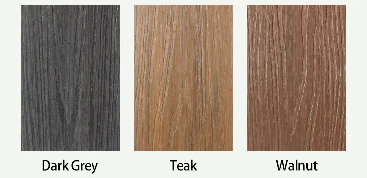 Dark Grey, Teak and Walnut woven composite fence board colour samples