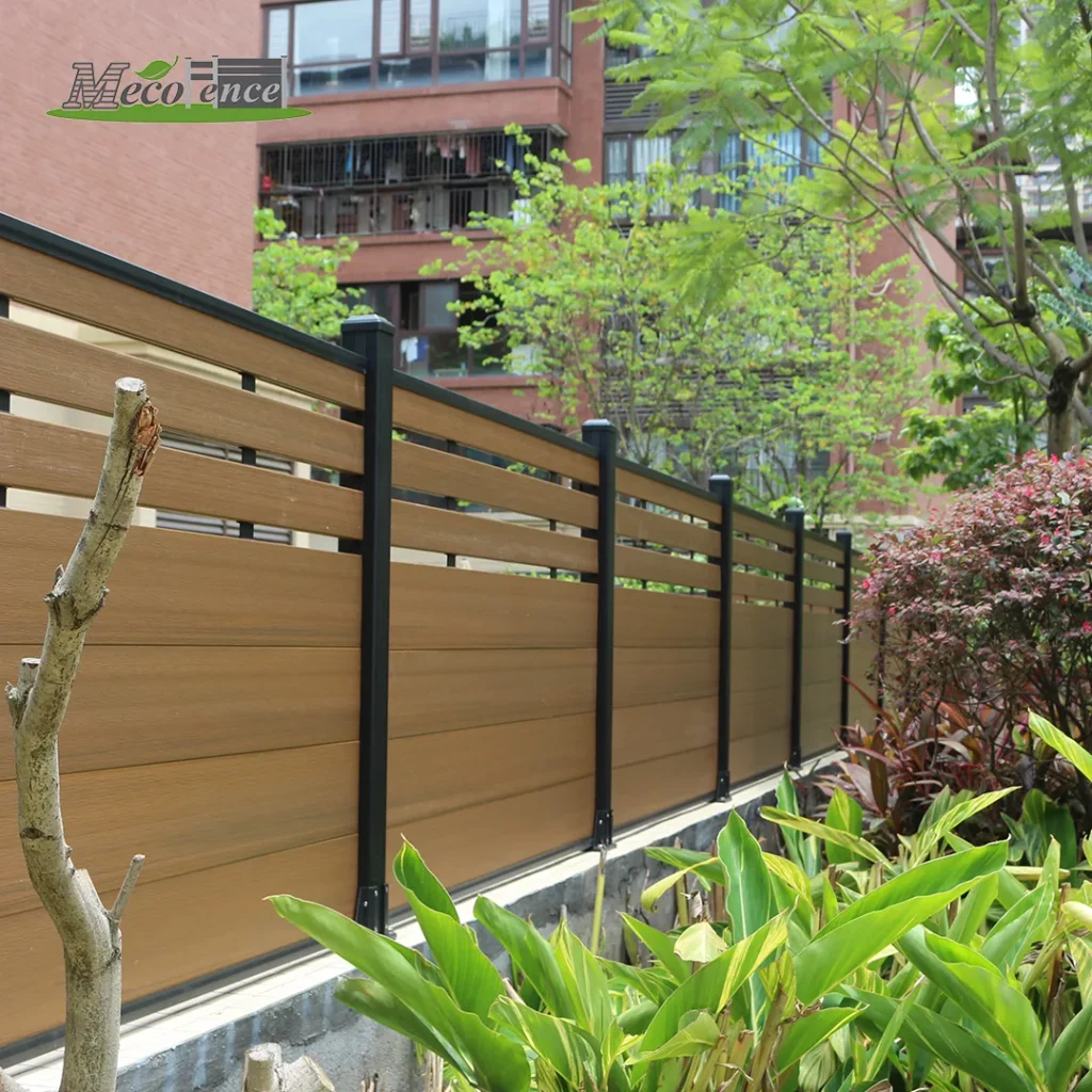 Teak Mid-Trellis Composite Fence with solid lower panels and open horizontal slats