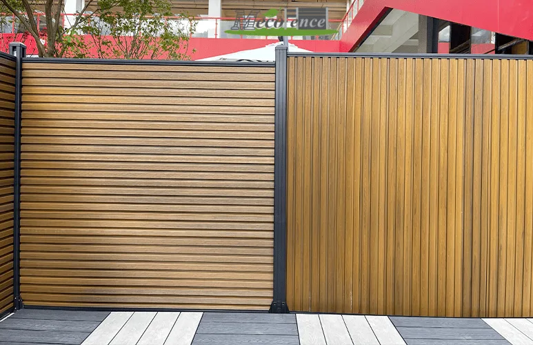 Side-by-side comparison of horizontal and vertical slat composite fences by MecoFence, showcasing different design orientations.
