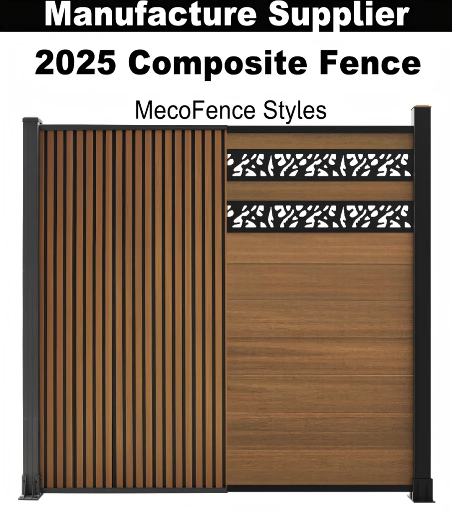 Modern 2025 composite fence showing MecoFence styles with vertical and horizontal slat panels and decorative inserts.