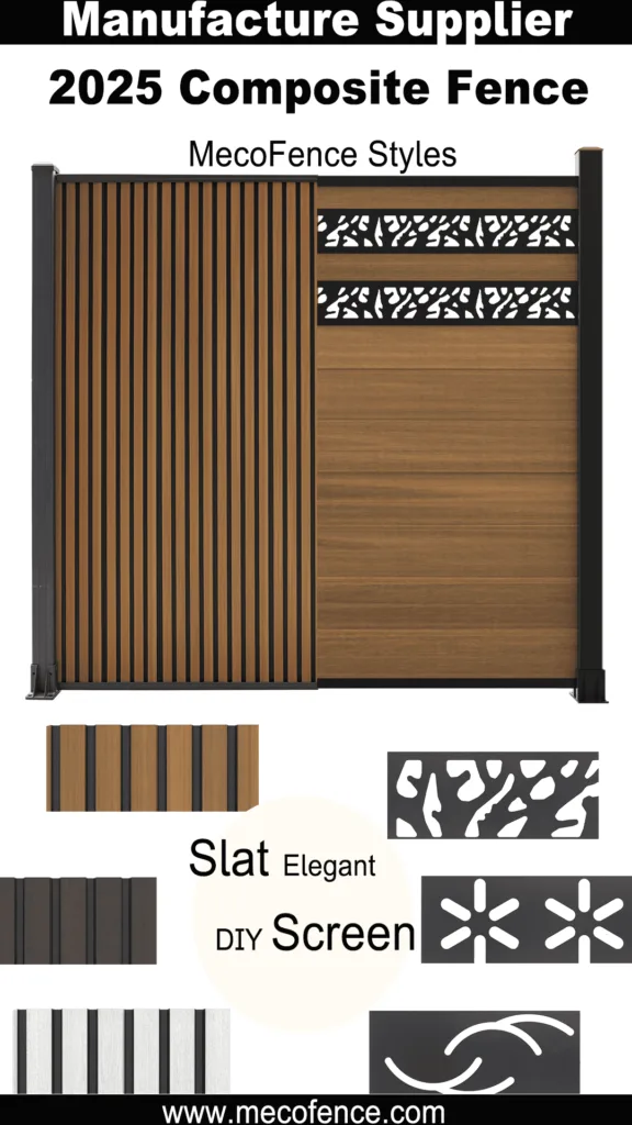 2025 composite fence by MecoFence showing vertical and horizontal slat styles with decorative metal screen panels and color options.