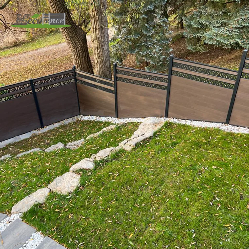 Mecofence WPC fence showcasing natural wood-like aesthetics and robust, modern technology in a curved garden installation.