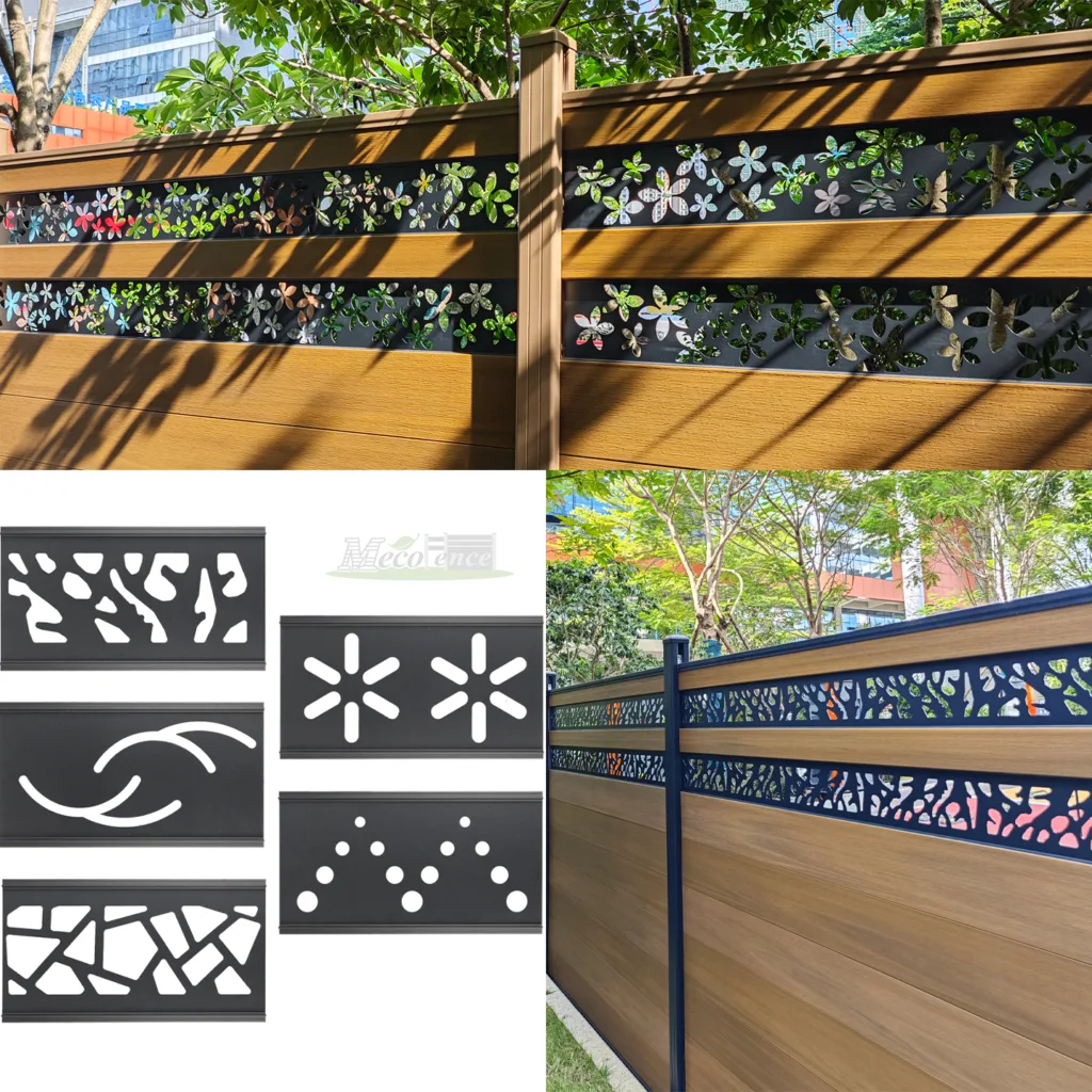 Mecofence WPC fence with decorative aluminum carved screens in various patterns, including floral and abstract designs, enhancing both style and privacy.