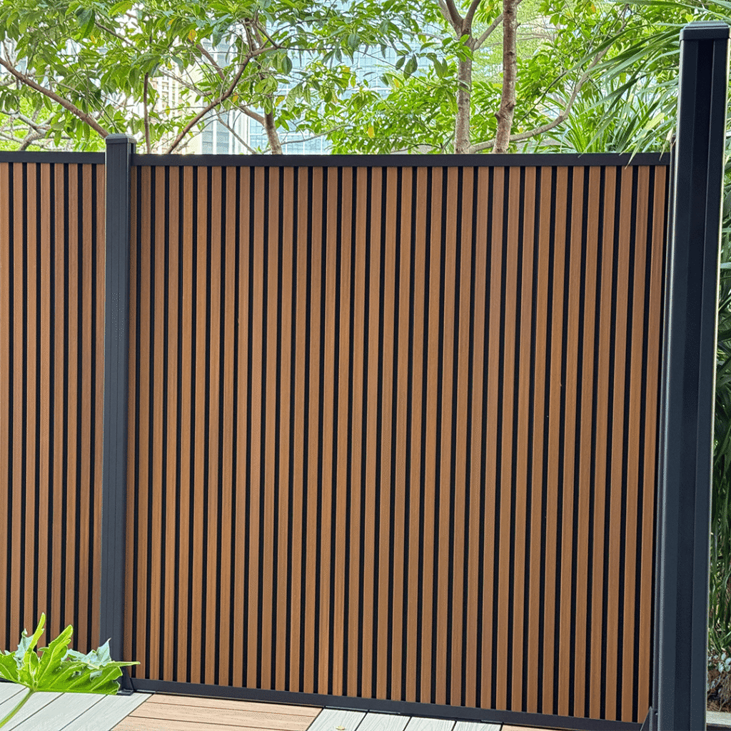 vertical composite fencing installed with heavy-duty black powder-coated aluminum posts for superior weather resistance.