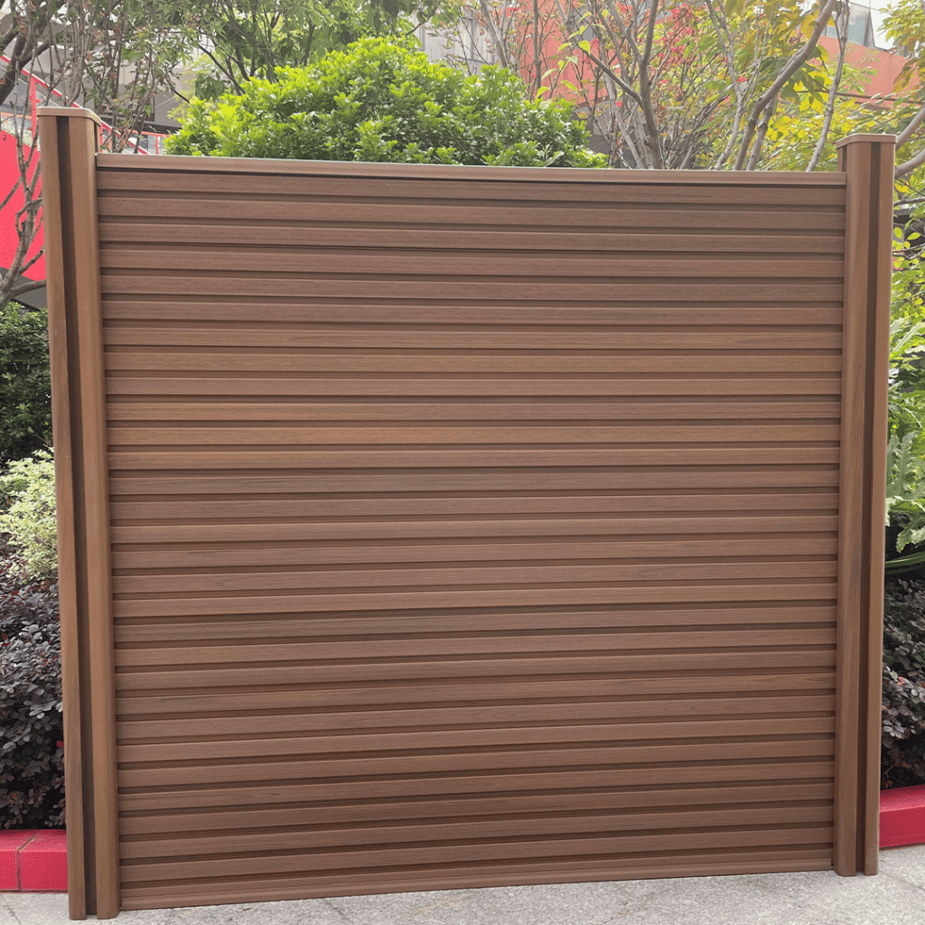 6ft Teak composite fencing boards panel and composite post for garden and backyard privacy, featuring a wood finish texture.