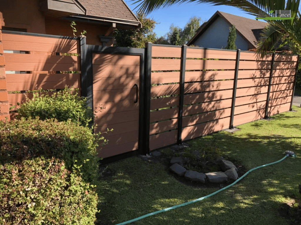 Matching gate and 6ft teak trellis composite fence system, highlighting industrial-grade aluminum framework and natural teak aesthetics.